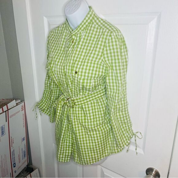 Tory Burch Lime Green Button Down Belted Gingham Cotton Shirt Tie Sleeve 6 - Picture 6 of 10